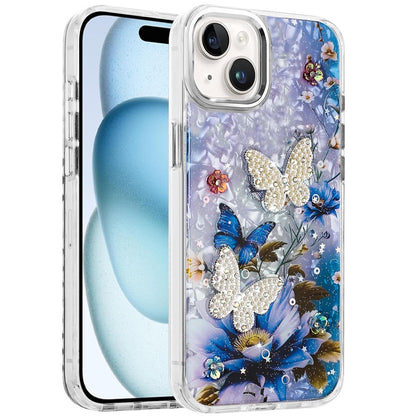 For Apple iPhone 16 (6.1") Epoxy Glitter Flowers Bling 3D Butterfly Fashion TPU Hybrid with Shockproof Protection Case Cover