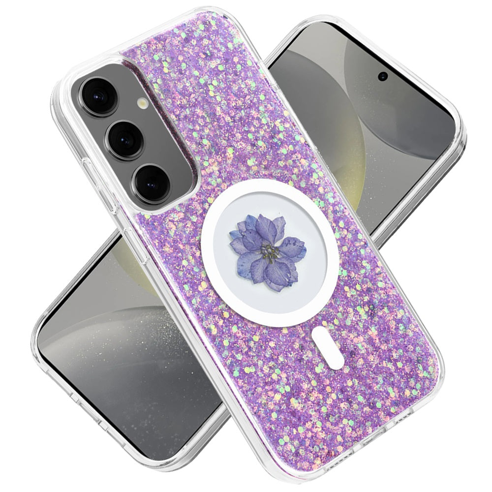 For Samsung Galaxy S25 Ultra MagSafe Compatible Glitter Flower Epoxy Hybrid Slim TPU Case, Magnetic Circle Design, Sparkly Bling Protective Case Cover