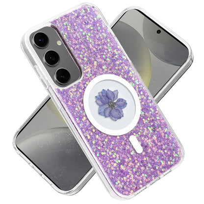 For Samsung Galaxy S25 Ultra MagSafe Compatible Glitter Flower Epoxy Hybrid Slim TPU Case, Magnetic Circle Design, Sparkly Bling Protective Case Cover