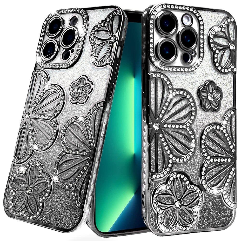 For Apple iPhone 13 Pro Max Luxury Flower Design Sparkle Glitter Diamond Rhinestone Shimmer Bling Plating Thick TPU Hard PC Case Cover
