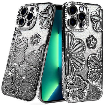 For Apple iPhone 13 Pro Max Luxury Flower Design Sparkle Glitter Diamond Rhinestone Shimmer Bling Plating Thick TPU Hard PC Case Cover
