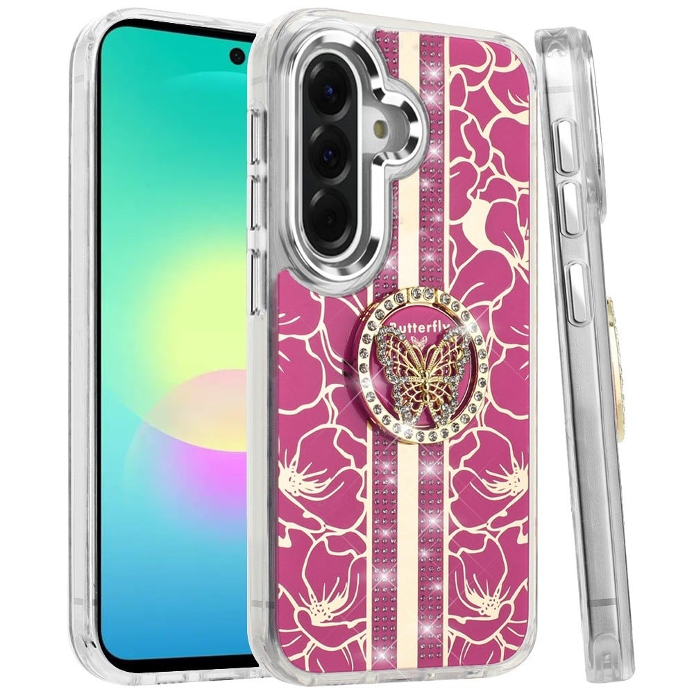 Phone Case for Samsung Galaxy A27 5G Floral Butterfly Ring Stand Glitter Bling Shockproof Hybrid Luxury Fashion Protective Anti Slip Durable Grip Cover