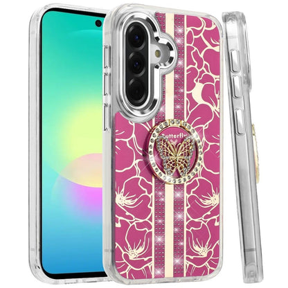 Phone Case for Samsung Galaxy A27 5G Floral Butterfly Ring Stand Glitter Bling Shockproof Hybrid Luxury Fashion Protective Anti Slip Durable Grip Cover