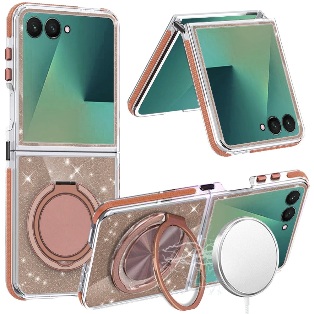 For Samsung Galaxy Z Flip 7 Slim Bling Glitter Sparkly Shimmer Hybrid with Magnetic Ring and 360° Rotational Stand [Compatible with Magsafe] Case Cover