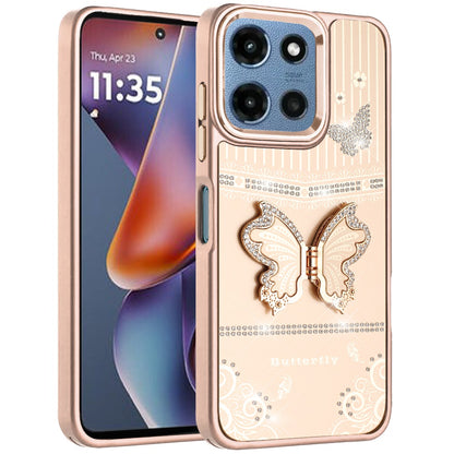 For Motorola Moto G Play 5G 2026 Glitter 3D Butterfly Design Bling Metallic Edge Hybrid Stand Drop Protection TPU Shockproof Case Cover Cosmic Orange