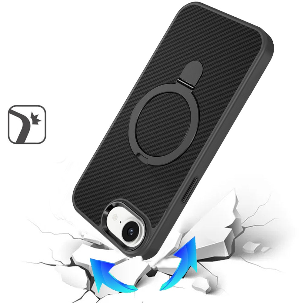 For Apple iPhone 17E /16E Hybrid Carbon Fiber Design with MagSafe Compatible [Magnetic Circle], Ring Stand Shockproof Slim TPU Case Cover