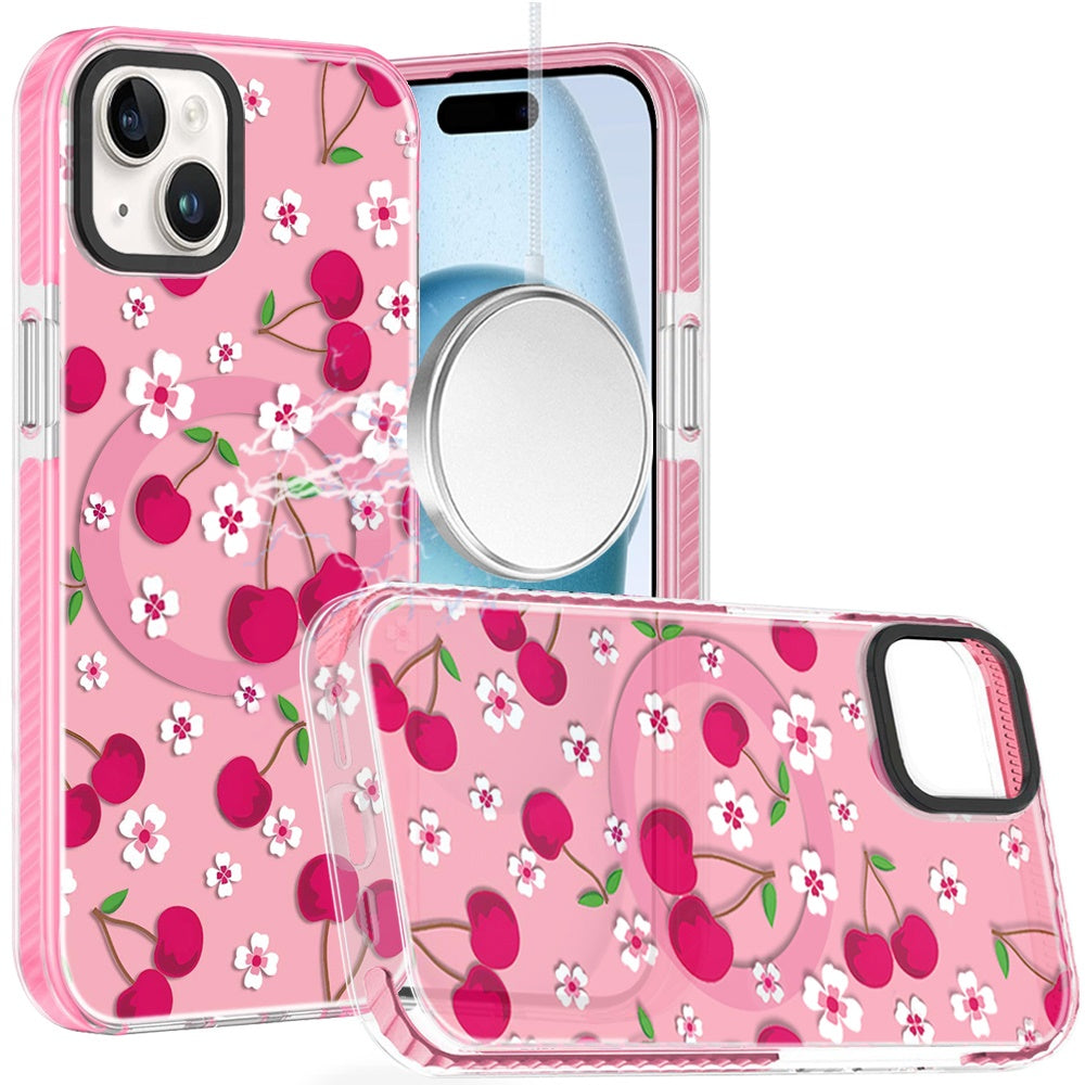 Phone Case for iPhone 15 Magnetic Hybrid IMD Floral Compatible with MagSafe Shockproof Slim Hybrid Fashion Design TPU Protective Cover Cherry Sprinkle on Pink