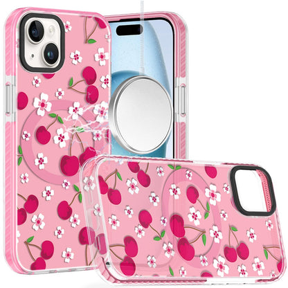 Phone Case for iPhone 15 Magnetic Hybrid IMD Floral Compatible with MagSafe Shockproof Slim Hybrid Fashion Design TPU Protective Cover Cherry Sprinkle on Pink