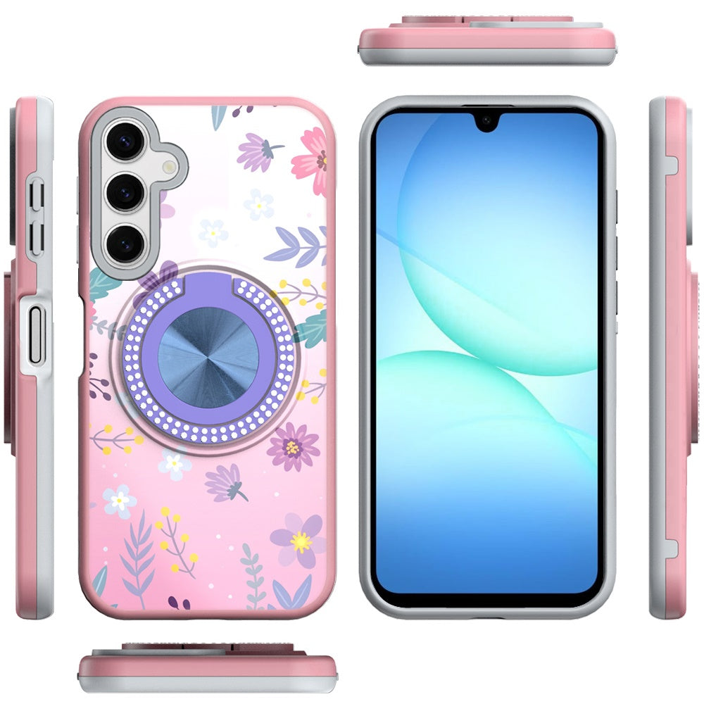 Phone Case for Galaxy A17 5G Magnetic Ring Stand Matte Metal Hybrid Car Mount Friendly Shockproof Rotational Grip Diamond Design Pattern Cover