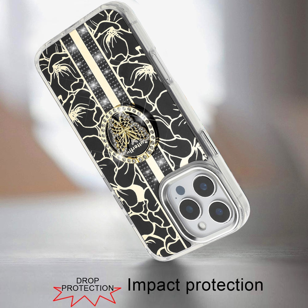 Phone Case for Apple iPhone 16 Pro Max Floral Butterfly Ring Stand Glitter Bling Shockproof Hybrid Luxury Fashion Protective Anti Slip Durable Grip Cover