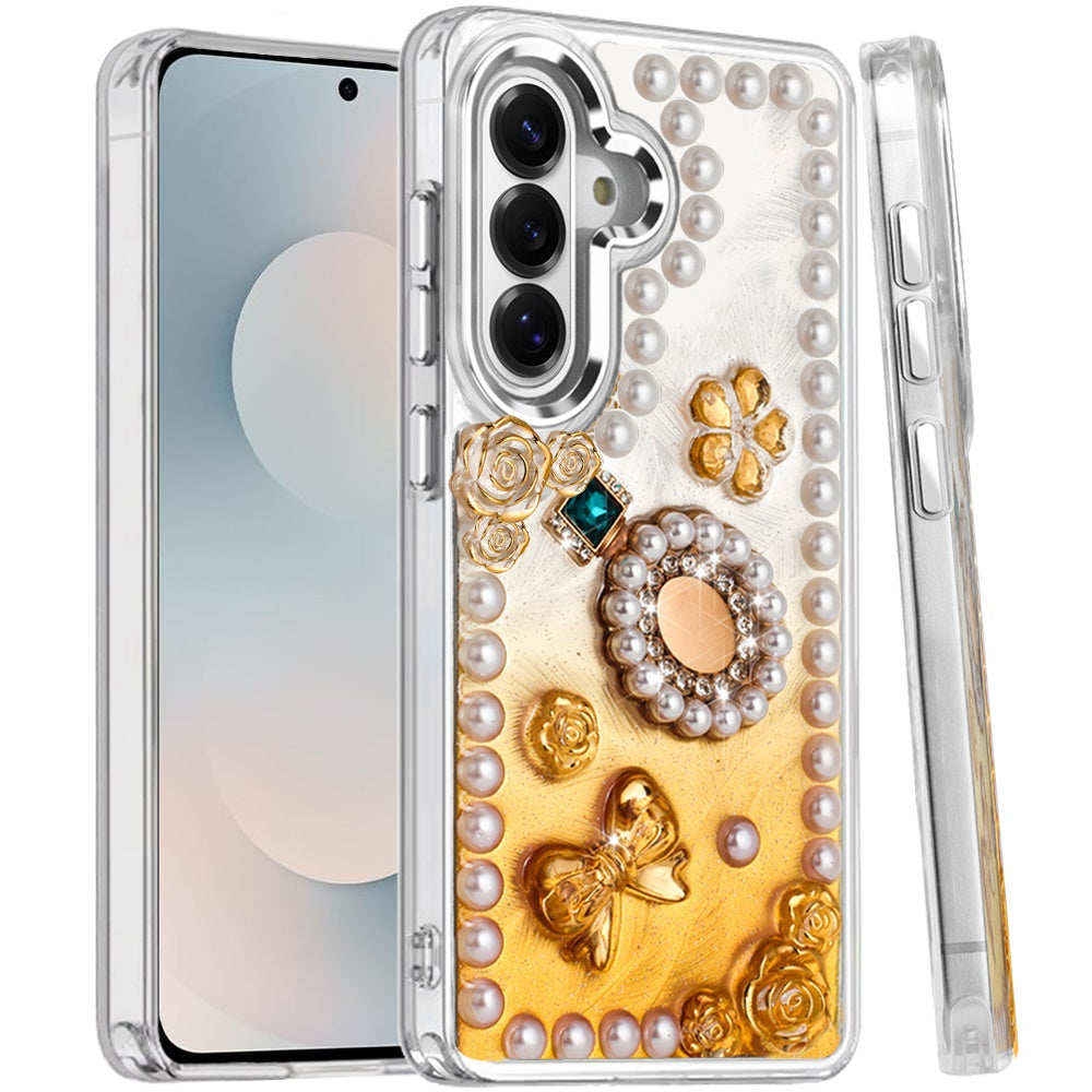 For Samsung Galaxy S25 FE, S25 Fan Edition Bling Fashion Design with 3D Pearls Epoxy Glitter Ornaments Chrome Edge Hard Slim PC Case Cover