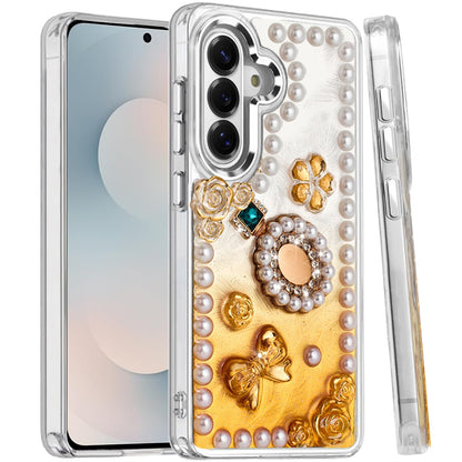 For Samsung Galaxy S25 FE, S25 Fan Edition Bling Fashion Design with 3D Pearls Epoxy Glitter Ornaments Chrome Edge Hard Slim PC Case Cover