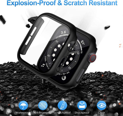 For Apple Watch Size 46mm Hard PC Electroplate Frame Face Full Coverage Protective with Tempered Glass Screen Protector Case Cover