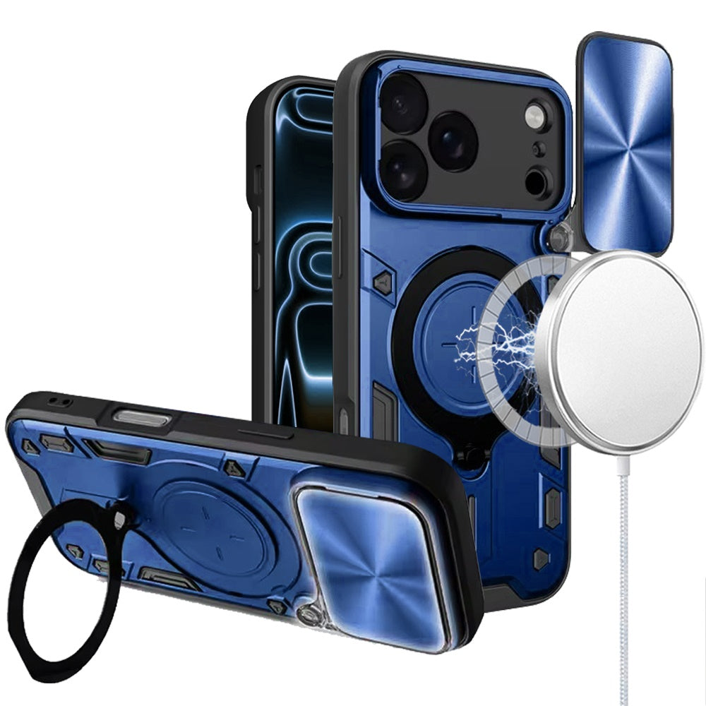 Phone Case for Apple iPhone 18 Pro Max Magnetic Ring Stand Shockproof Hybrid Full Camera Slide Guard Anti Slip Heavy Duty Protective Armor Cover Blue