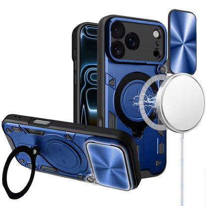 Phone Case for Apple iPhone 18 Pro Max Magnetic Ring Stand Shockproof Hybrid Full Camera Slide Guard Anti Slip Heavy Duty Protective Armor Cover Blue
