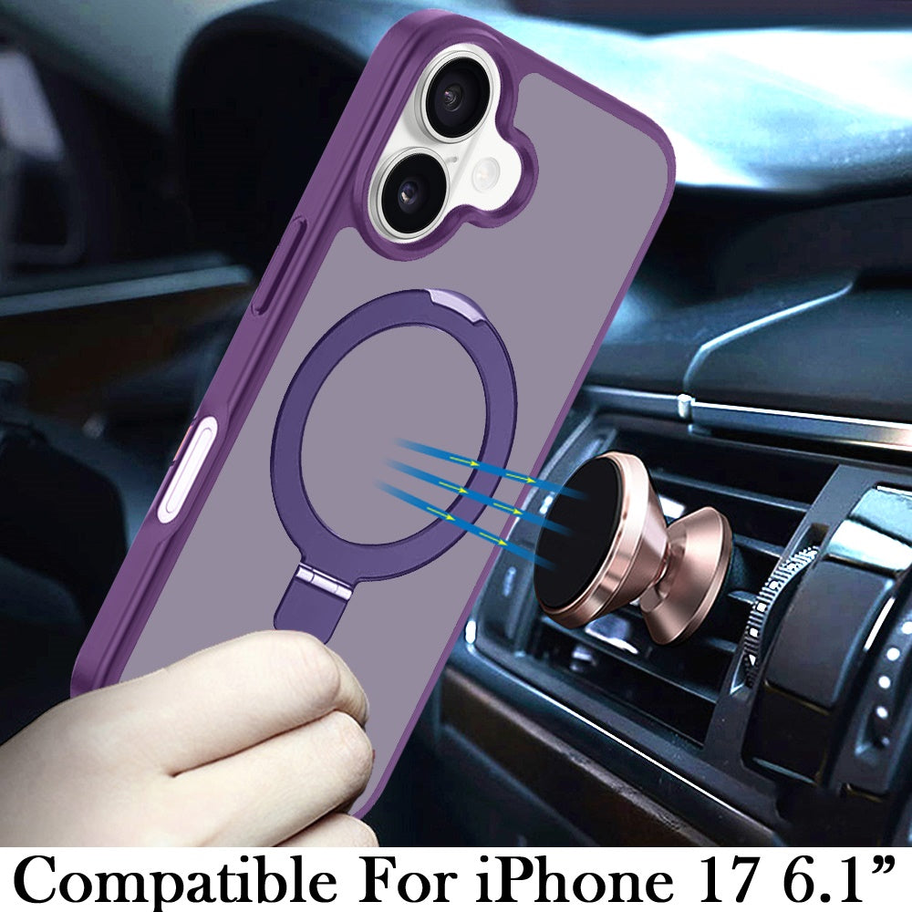 For Apple iPhone 17 (6.3") Magnetic Circle Back with Ring Stand Full Rotation Matte Hybrid Shockproof Case Cover