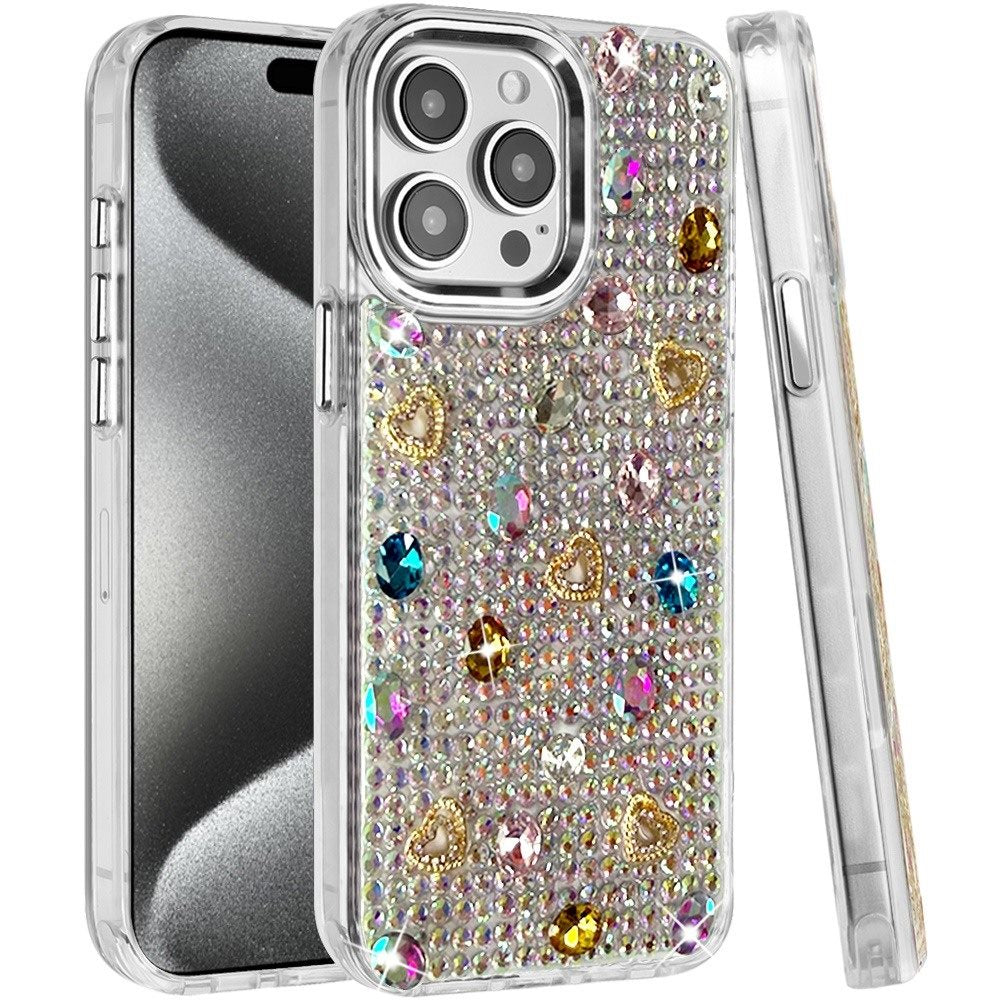 Phone Case for Apple iPhone 15 Pro Max Chrome Fashion Hybrid Bling Diamond Heart Rhinestone Decorative Stones Sparkling Embellished Design Cover