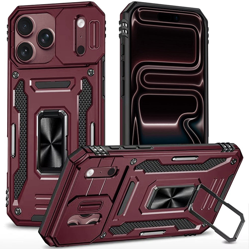 Phone Case for Apple iPhone 18 Pro/ 17 Pro Tough Metal Ring Shockproof Sliding Camera Window Hybrid Armor Rugged Anti Slip Heavy Duty Grip Cover Purple
