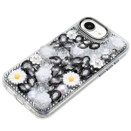 For Apple iPhone 17E /16E Fashion Daisy Floral Series, Full 3D Bling Crystal Diamonds Sparkling Rhinestone Glitter Hybrid Design Case Cover