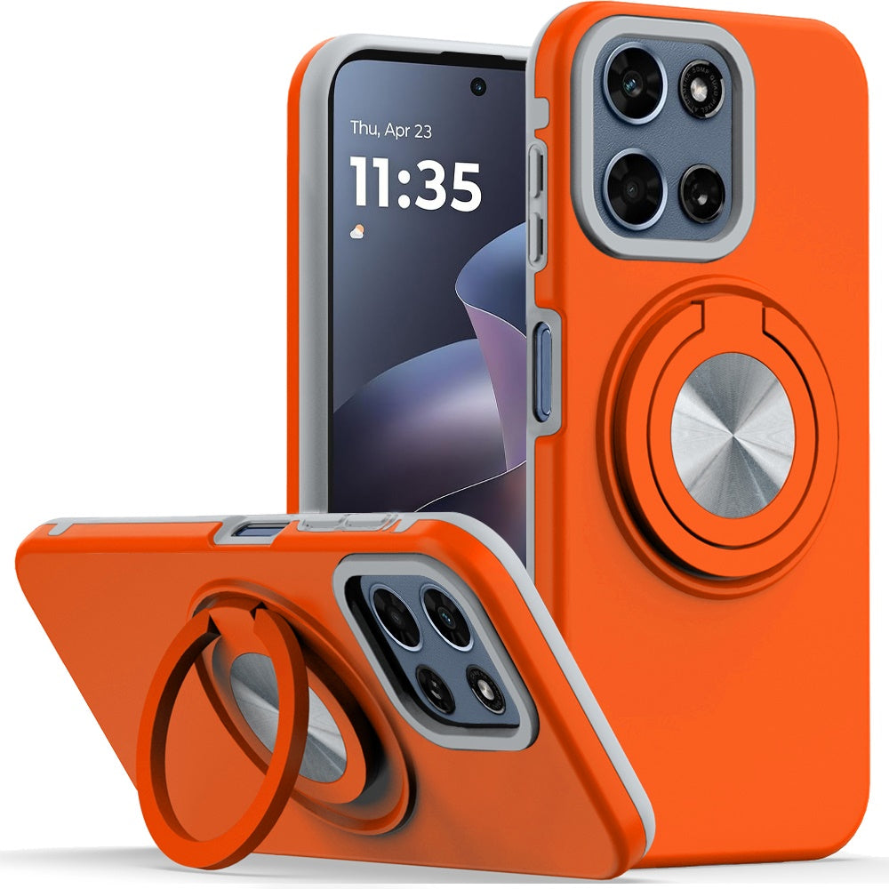 For Motorola Moto G Play 5G 2026 Metal Matte Hybrid with Invisible Rotational Ring Stand, Car Mount Friendly, Military Grade Slim Fit Sturdy Case Cover Cosmic Orange