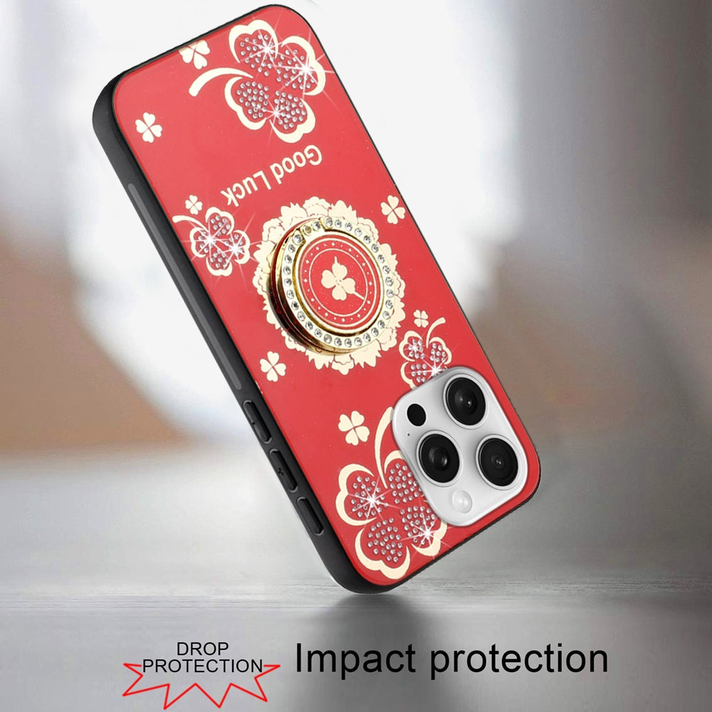 For Apple iPhone 16 Pro Diamonds 3D Butterfly Bling Sparkly Glitter Ornaments Engraving Hybrid Metal Fashion Case Cover Good Luck Floral Red