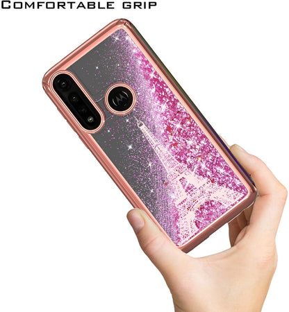 For Apple iPhone 15 (6.1") Quicksand Liquid Glitter Bling Flowing Sparkle Fashion Hybrid TPU and Chrome Plating Hard Paris Eiffel Tower Phone Case Cover