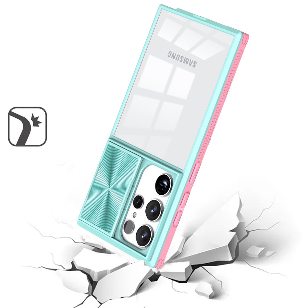 For Samsung Galaxy S24 Hybrid Cases with Sliding Camera Cover Transparent Shockproof Bumper TPU Protective Case Cover Pink/Blue