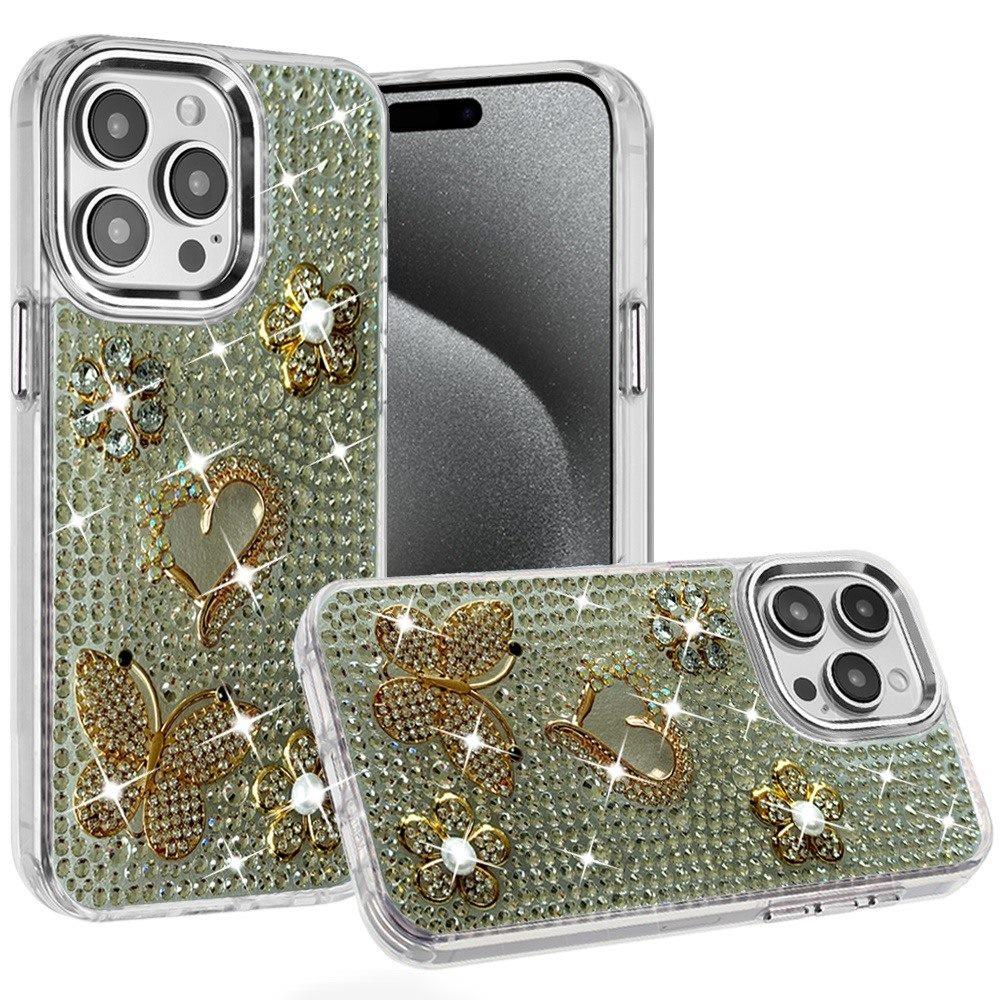 Phone Case for Apple iPhone 15 Pro Max Luxury Crystal Butterfly Floral Jeweled Heart Full Diamond Design, Sparkling Decorative Details, Elegant Style Cover Silver