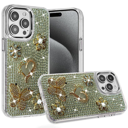 Phone Case for Apple iPhone 15 Pro Max Luxury Crystal Butterfly Floral Jeweled Heart Full Diamond Design, Sparkling Decorative Details, Elegant Style Cover Silver