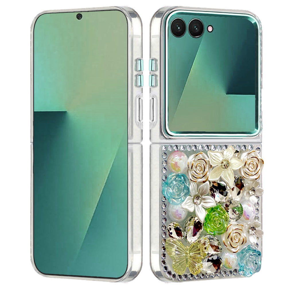 For Samsung Galaxy Z Flip 7 3D Diamond Floral Roses Flower Bling Stone Hybrid, Sparkly Rhinestone Gemstone Back Shockproof Case Cover