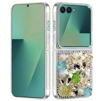 For Samsung Galaxy Z Flip 7 3D Diamond Floral Roses Flower Bling Stone Hybrid, Sparkly Rhinestone Gemstone Back Shockproof Case Cover