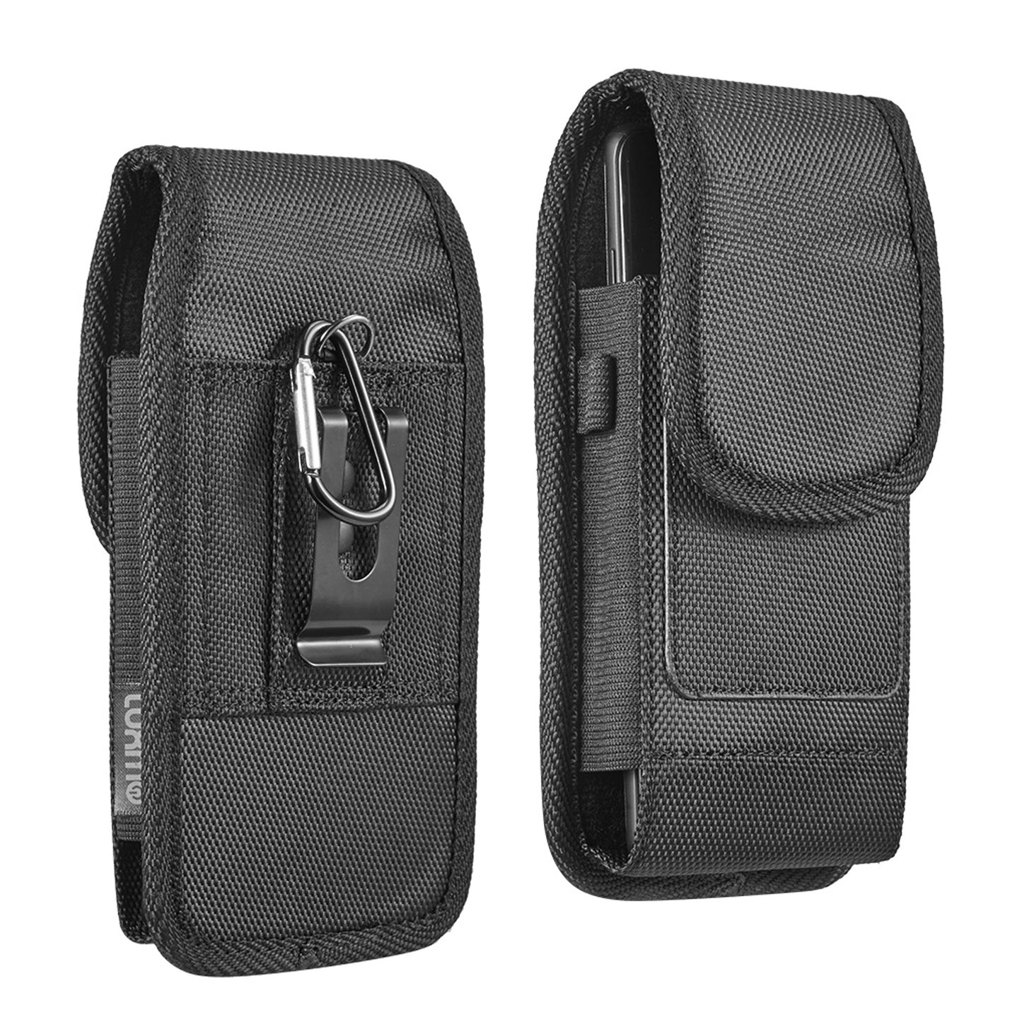 For Apple iPhone 16 Pro (6.3") Universal Nylon Pouch Case Vertical Phone Holster with Dual Card Slots, Pen Holder, Belt Clip Loop & Hook Cover [Black]
