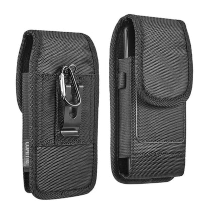 For Apple iPhone 16 Pro (6.3") Universal Nylon Pouch Case Vertical Phone Holster with Dual Card Slots, Pen Holder, Belt Clip Loop & Hook Cover [Black]