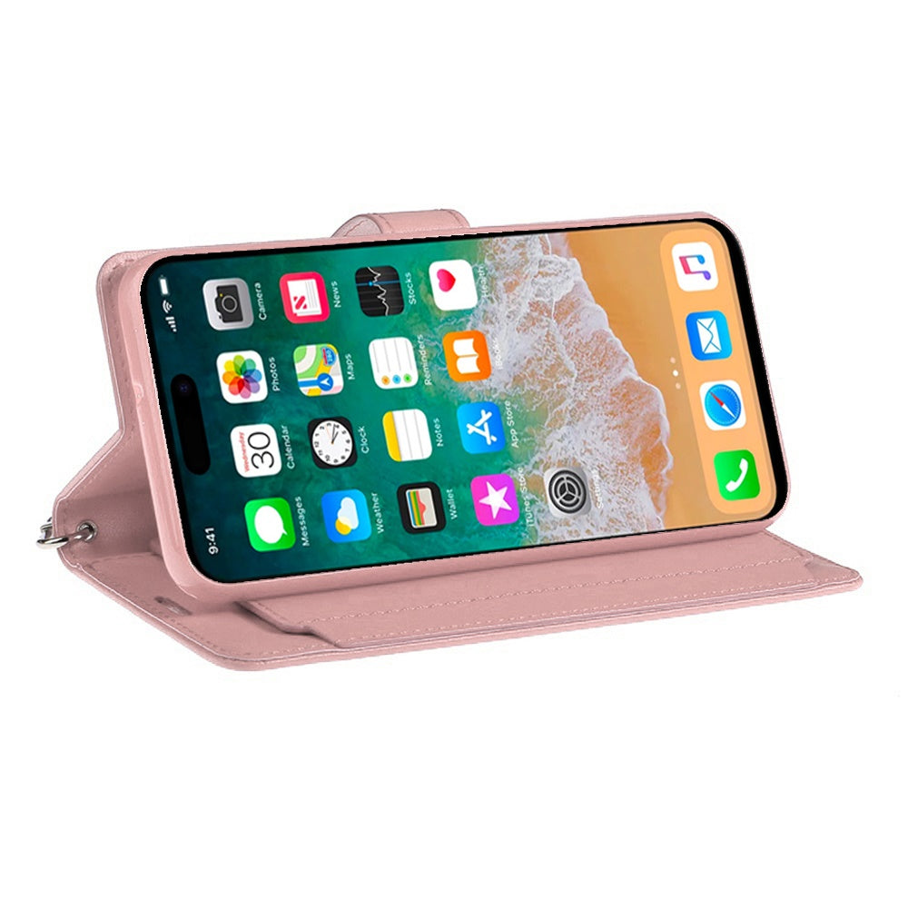 Phone Case for Apple iPhone 16 Plus Wallet Credit Card Holder Leather Grip Shockproof Hybrid Protective Style Durable Flip Pouch Cover Rose Gold