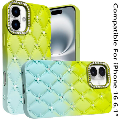 For iPhone 16 (6.1") Fashion Flower Design Sparkle Glitter Shimmer Rhinestone Bling Floral Accents, Leather Texture TPU Case Cover Yellow/Green