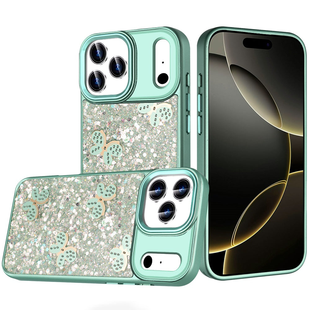 For Apple iPhone 17 Pro Max (6.9") Cute Butterfly Crystal Diamond Glitter Case Sparkle Bling Frame Metallic Edges, Shimmer TPU Hybrid Case Cover