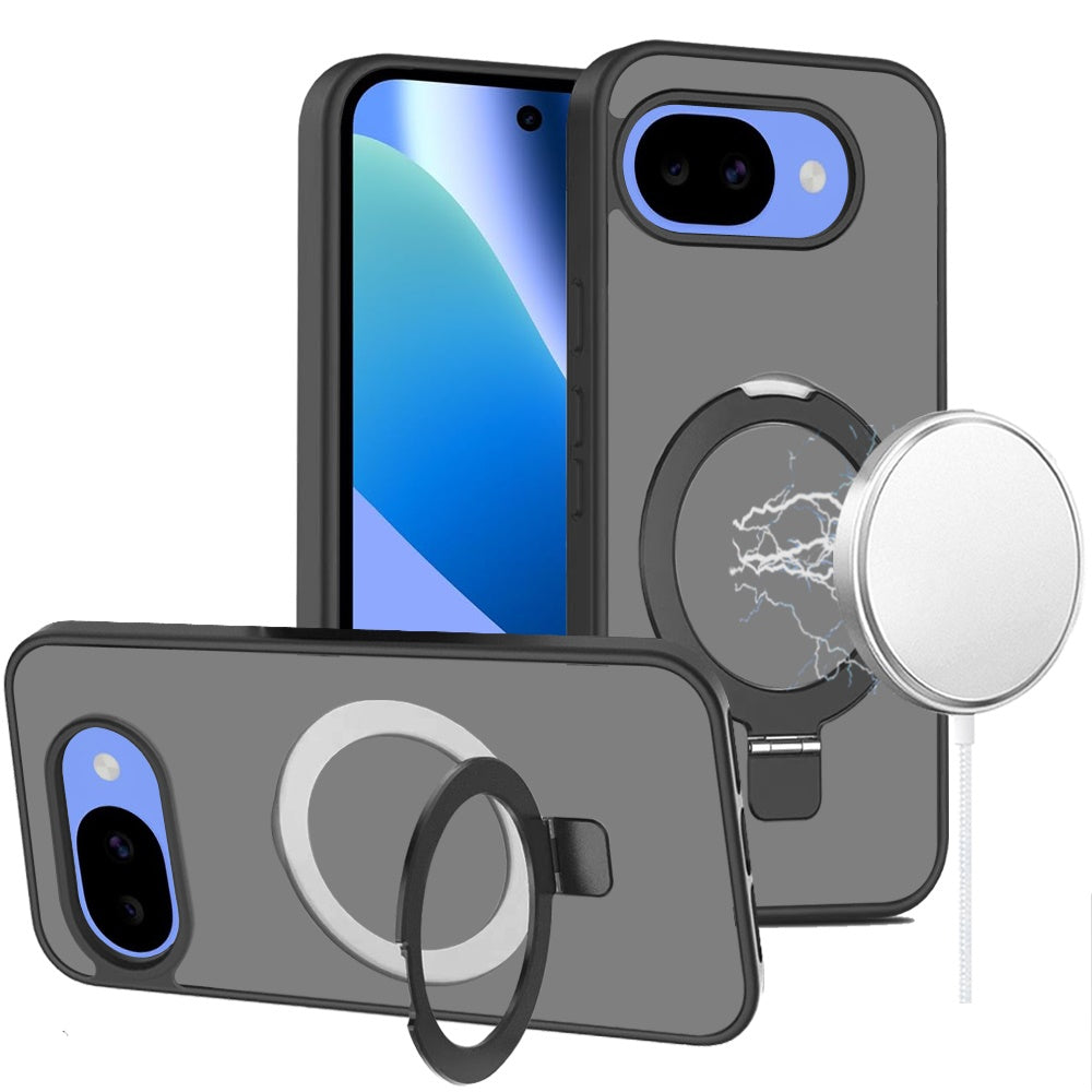 Phone Case for Google Pixel 10A Magnetic Ring Stand Full Rotation Matte Shockproof Grip Anti Slip Durable Camera Protection Hybrid Cover Black