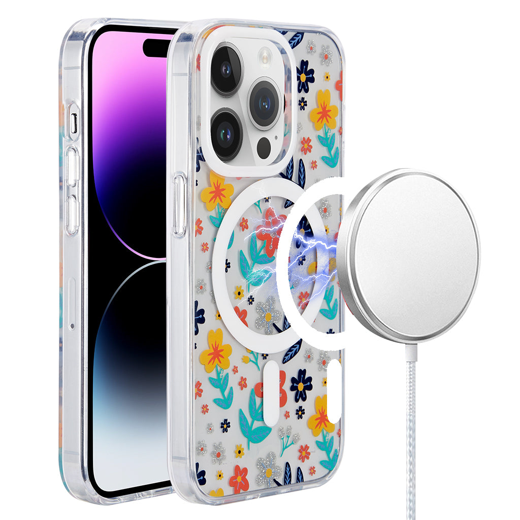 For iPhone 15 Pro (6.1") Design Pattern IMD Magnetic Hybrid Shockproof Protection Durable Secure Grip Slim Fashion Case Cover Space Silver Pattern