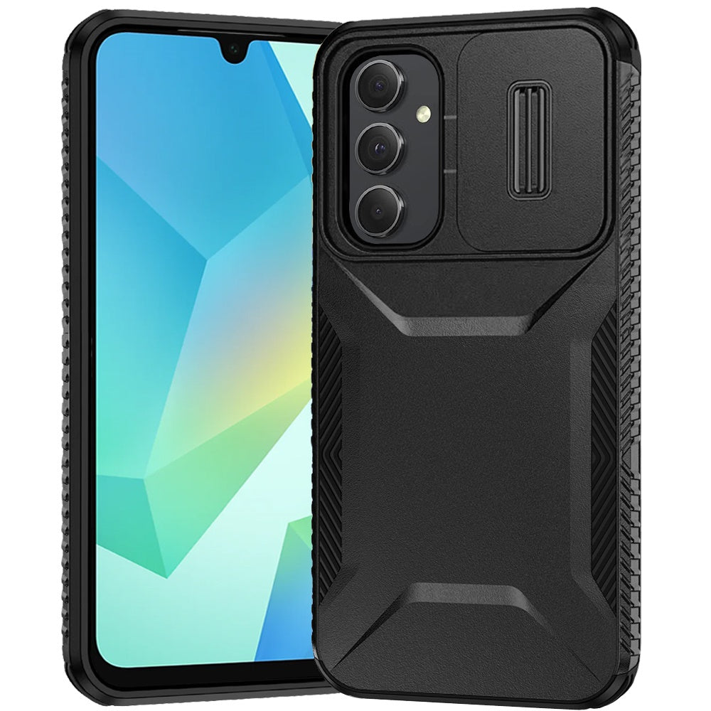 For Samsung Galaxy A16 5G Slim Fit Shockproof Hybrid with Slide Camera Window Covering, Rugged Tpu Silicone Hard PC Bumper Case Cover Black