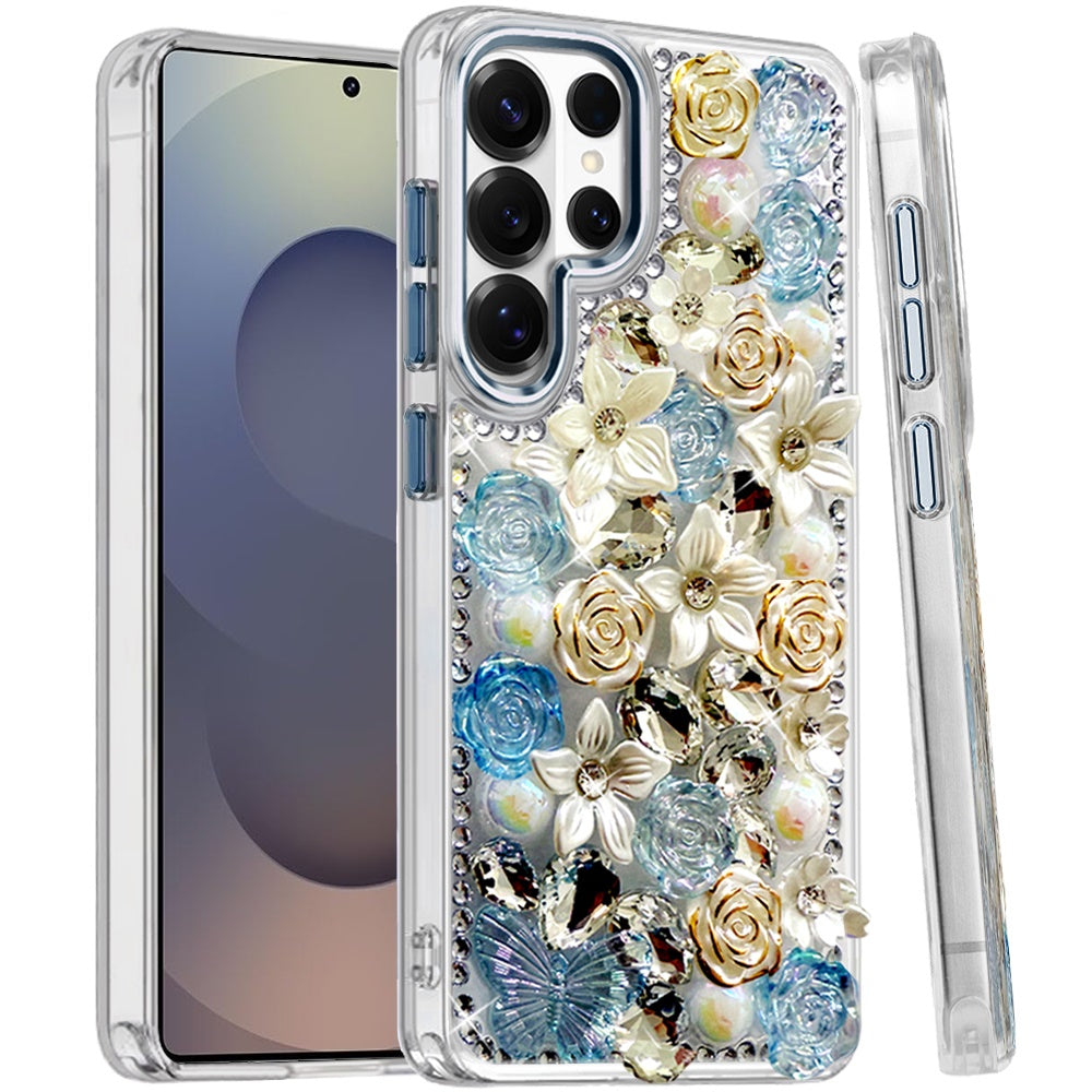 For Samsung Galaxy S25 Ultra 3D Diamond Floral Roses Flower Bling Stone Hybrid, Sparkly Rhinestone Gemstone Back Shockproof Case Cover