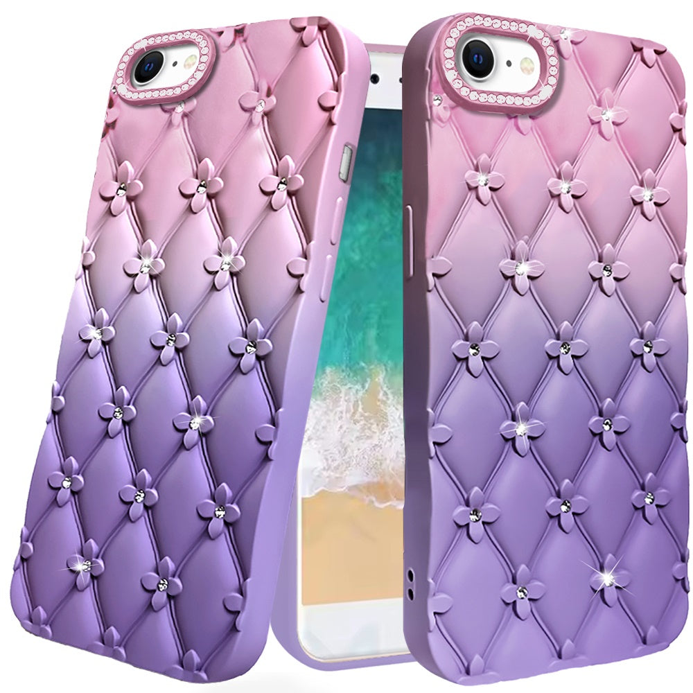 For Apple iPhone SE 4 Fashion Flower Design Sparkle Glitter Shimmer Rhinestone Bling Floral Accents, Leather Texture TPU Case Cover
