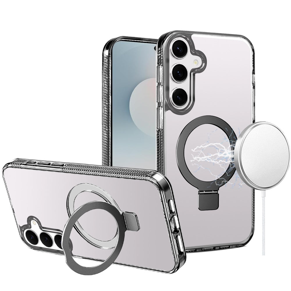 For Samsung Galaxy S25 FE /S25 Fan Edition Transparent Magnetic Ring Circle Stand with MagSafe Compatible Hybrid Dotted Edged Hard PC Shockproof Case Cover Black