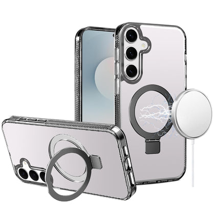 For Samsung Galaxy S25 FE /S25 Fan Edition Transparent Magnetic Ring Circle Stand with MagSafe Compatible Hybrid Dotted Edged Hard PC Shockproof Case Cover Black