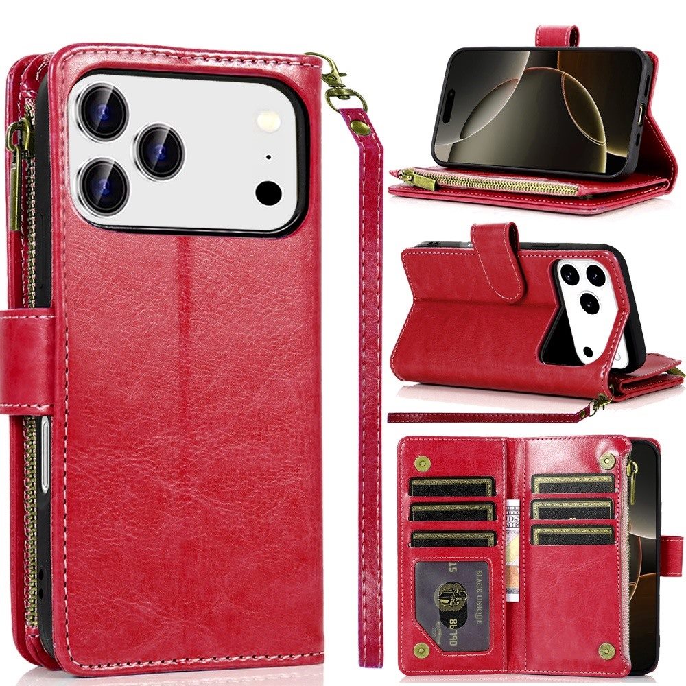 For Apple iPhone 17 Pro (6.3") Leather Wallet Case with Zipper, 9 Card Slots, Cash Pocket, Stand & Strap, Clutch Pouch Design Case Cover