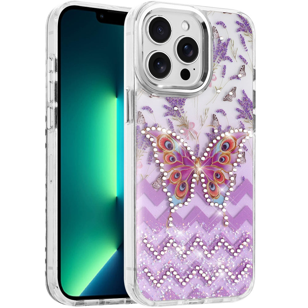 Phone Case for Apple iPhone 13 Pro Max Butterfly Resin Epoxy Diamond Bling Metal Edge Shockproof Hybrid Luxury Protective Durable Stylish Fashion Grip Cover