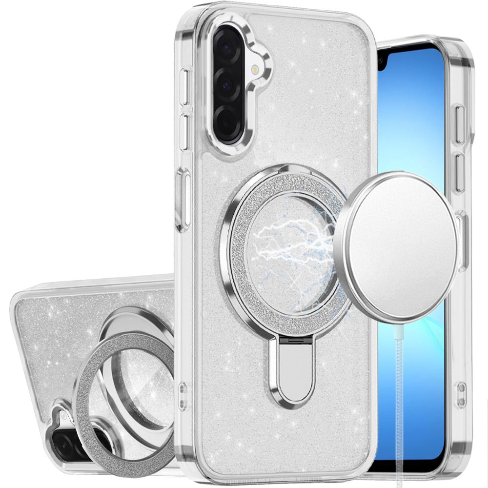 For Samsung Galaxy A17 5G Transparent Glitter Bling Case with Rotating Magnetic Ring Stand, Shockproof Hybrid Case Cover Black