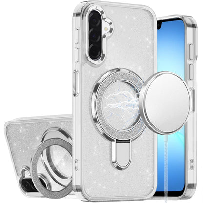 For Samsung Galaxy A17 5G Transparent Glitter Bling Case with Rotating Magnetic Ring Stand, Shockproof Hybrid Case Cover Black
