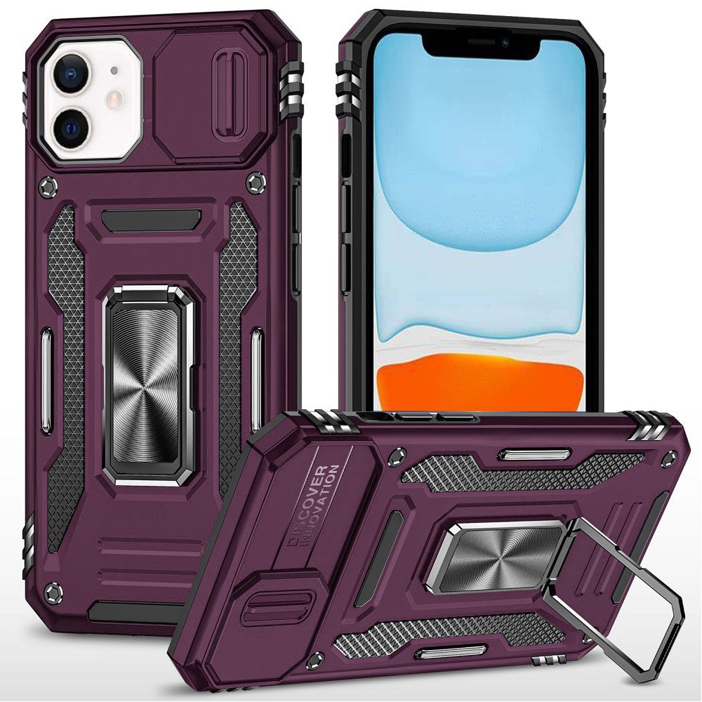 Phone Case for Apple iPhone 11 Tough Metal Ring Shockproof Sliding Camera Window Hybrid Armor Rugged Anti Slip Heavy Duty Grip Cover