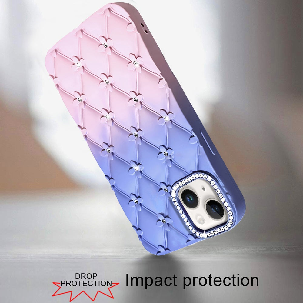 Phone Case for iPhone 15 (6.1") Floral Glitter Shimmer Bling Hybrid Shockproof Anti Slip Thick TPU Protective Stylish Design Cover Light Blue/Light Pink