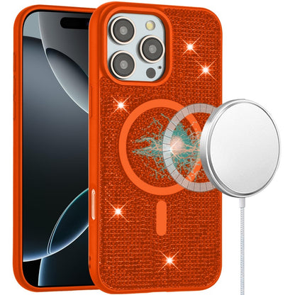 Phone Case for Apple iPhone 16 Pro Max Magnetic Bling Diamond Sparkle Hybrid Shockproof Rugged Grip Durable Protection Anti-Slip Armor Design Cover Cosmic Orange
